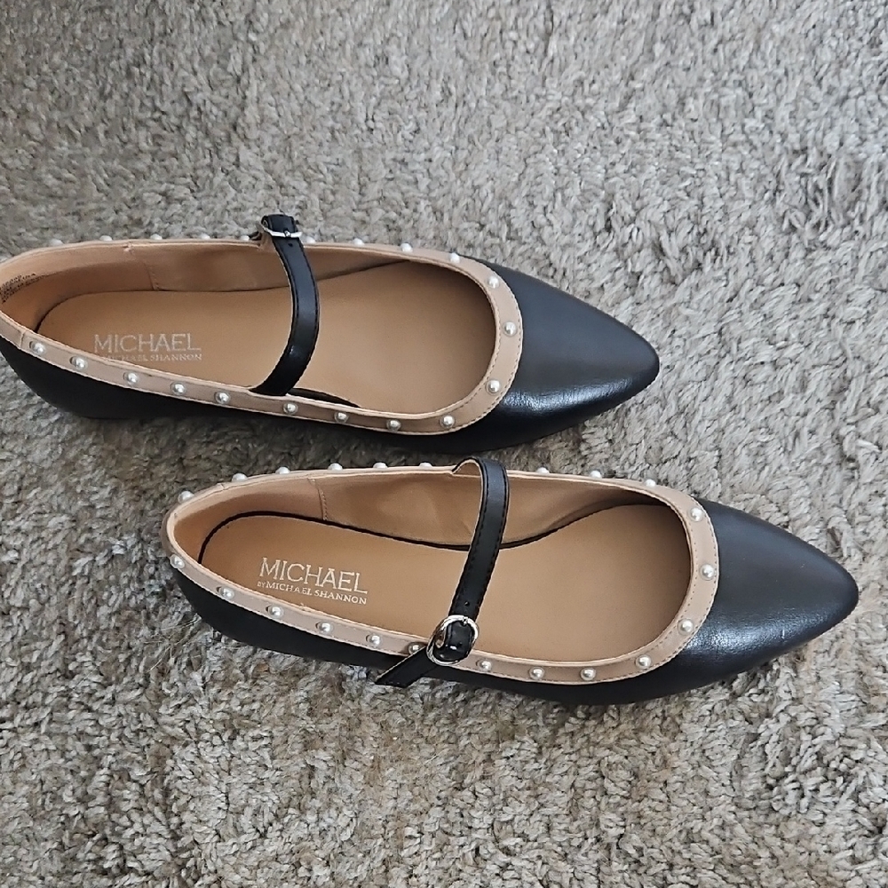 Michael Shannon Black & Taupe Pearl Studded Mary Jane Flats Size 7.5